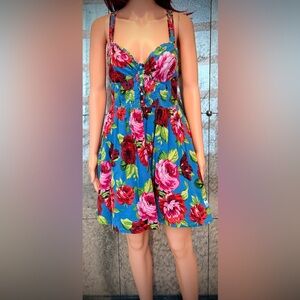 Abercrombie & Fitch Vibrant Blue Strapless Dress with Pink Floral